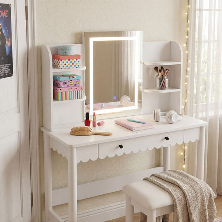 Emmeline Scalloped Makeup Vanity Desk With LED Mirror and Stool in White Ivory
