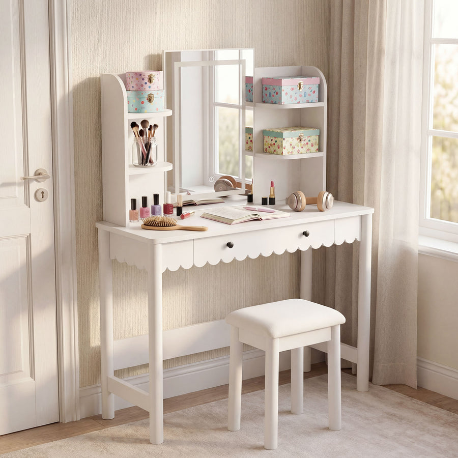 Solstice Scalloped Makeup Vanity Desk With LED Mirror and Stool in White Ivory