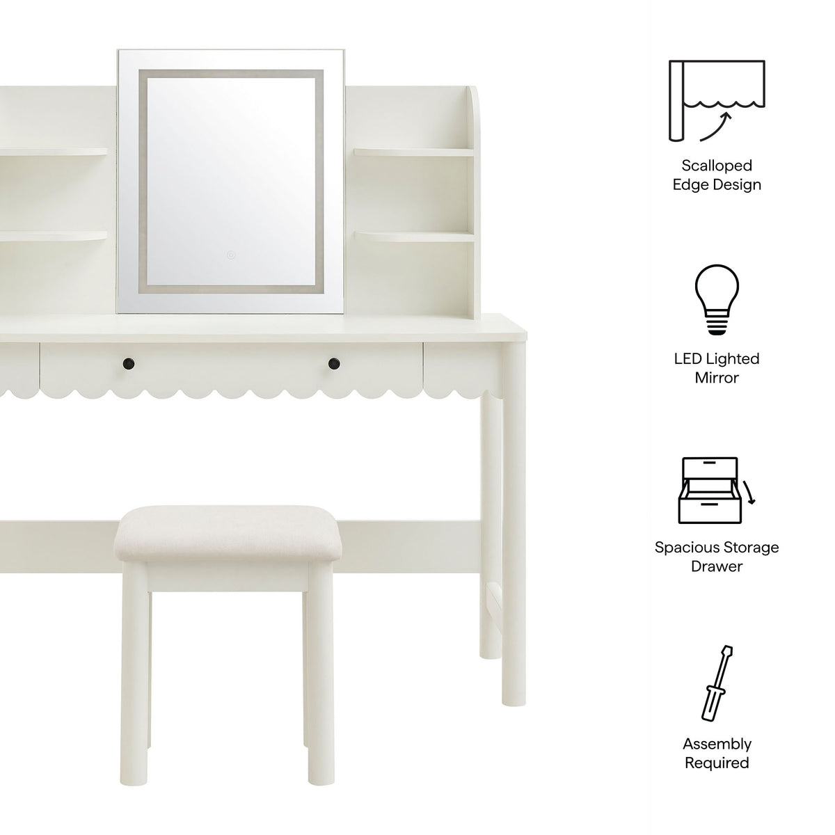 Solstice Scalloped Makeup Vanity Desk With LED Mirror and Stool in White Ivory