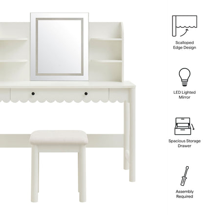 Emmeline Scalloped Makeup Vanity Desk With LED Mirror and Stool in White Ivory