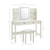Solstice Scalloped Makeup Vanity Desk With LED Mirror and Stool in White Ivory