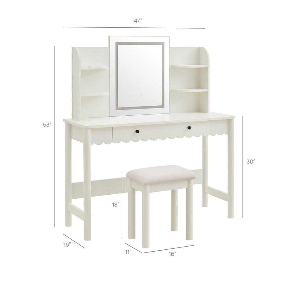 Solstice Scalloped Makeup Vanity Desk With LED Mirror and Stool in White Ivory