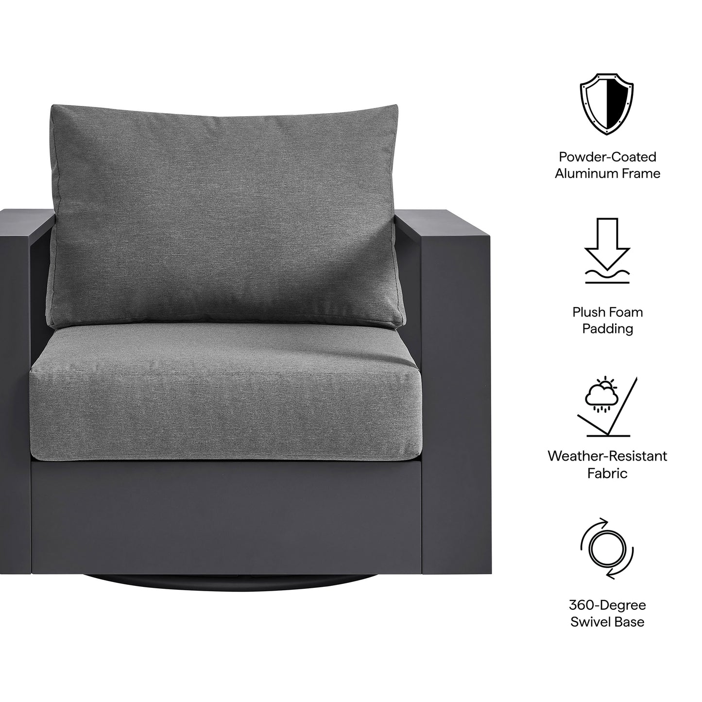 Aspen Outdoor Patio Powder-Coated Aluminum Swivel Armchair in Gray Charcoal