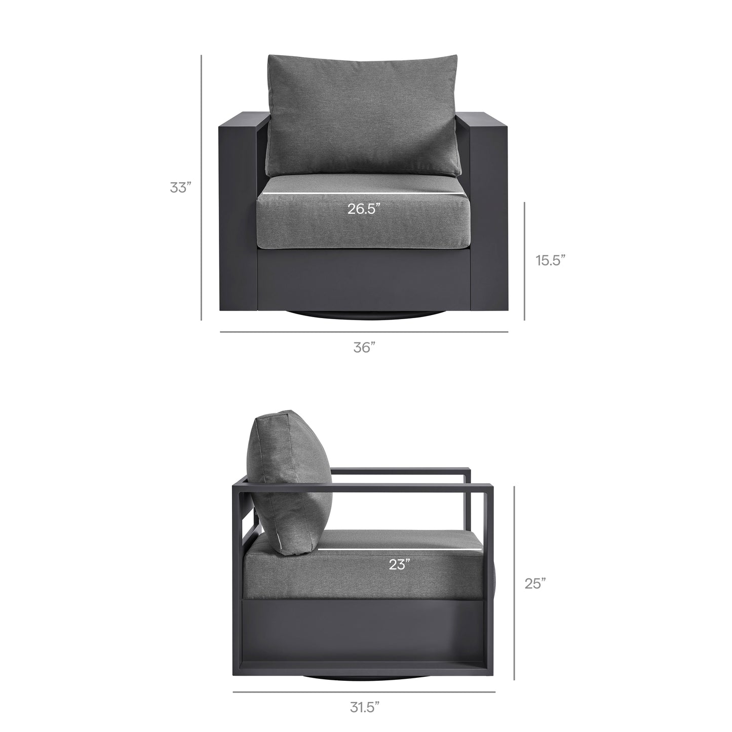 Aspen Outdoor Patio Powder-Coated Aluminum Swivel Armchair in Gray Charcoal