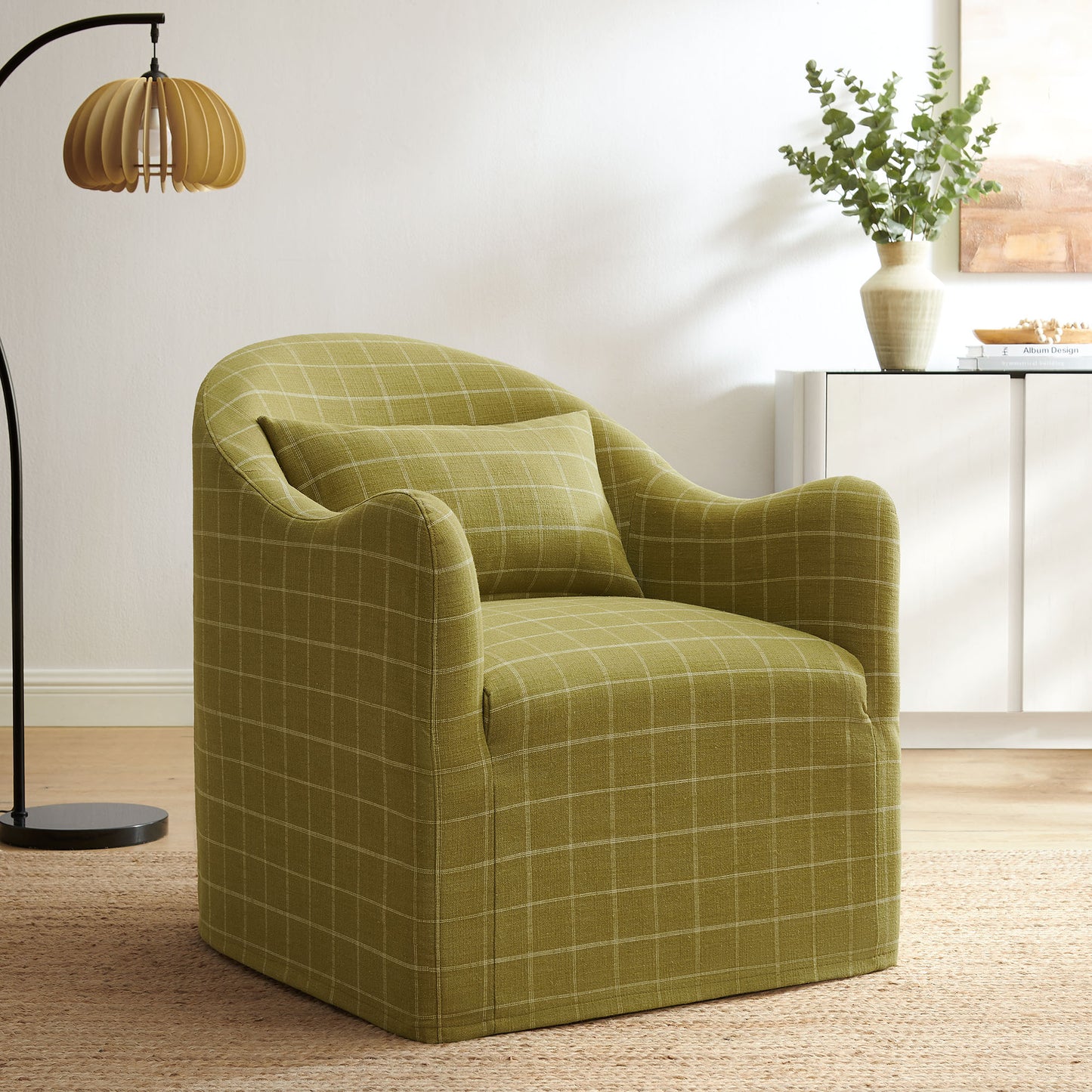 Wicker Slipcovered Linen Blend Accent Chair in Artichoke Windowpane Check