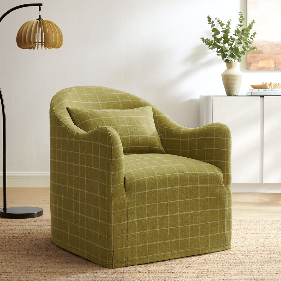 Wicker Slipcovered Linen Blend Accent Chair in Artichoke Windowpane Check