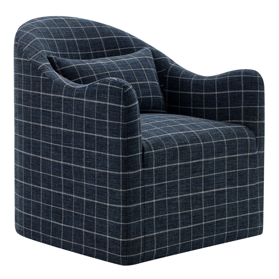 Wicker Slipcovered Linen Blend Accent Chair in Denim Windowpane Check