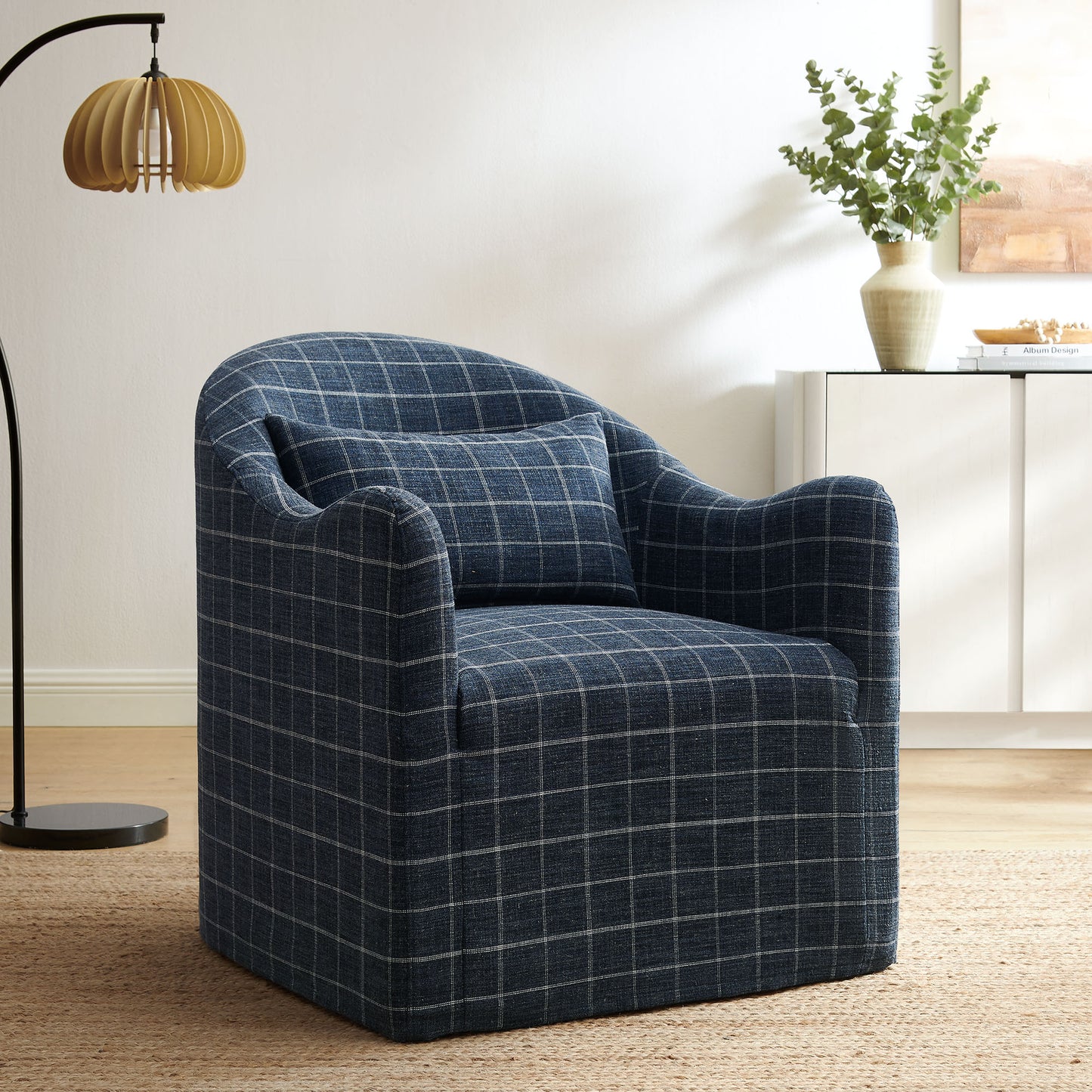 Wicker Slipcovered Linen Blend Accent Chair in Denim Windowpane Check
