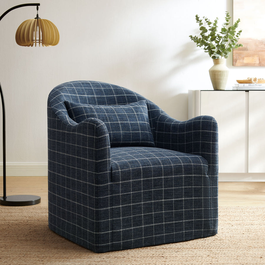 Wicker Slipcovered Linen Blend Accent Chair in Denim Windowpane Check