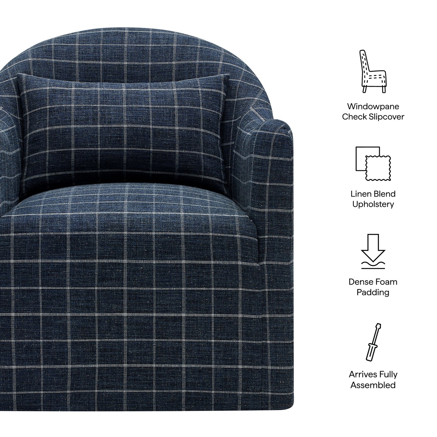Wicker Slipcovered Linen Blend Accent Chair in Denim Windowpane Check