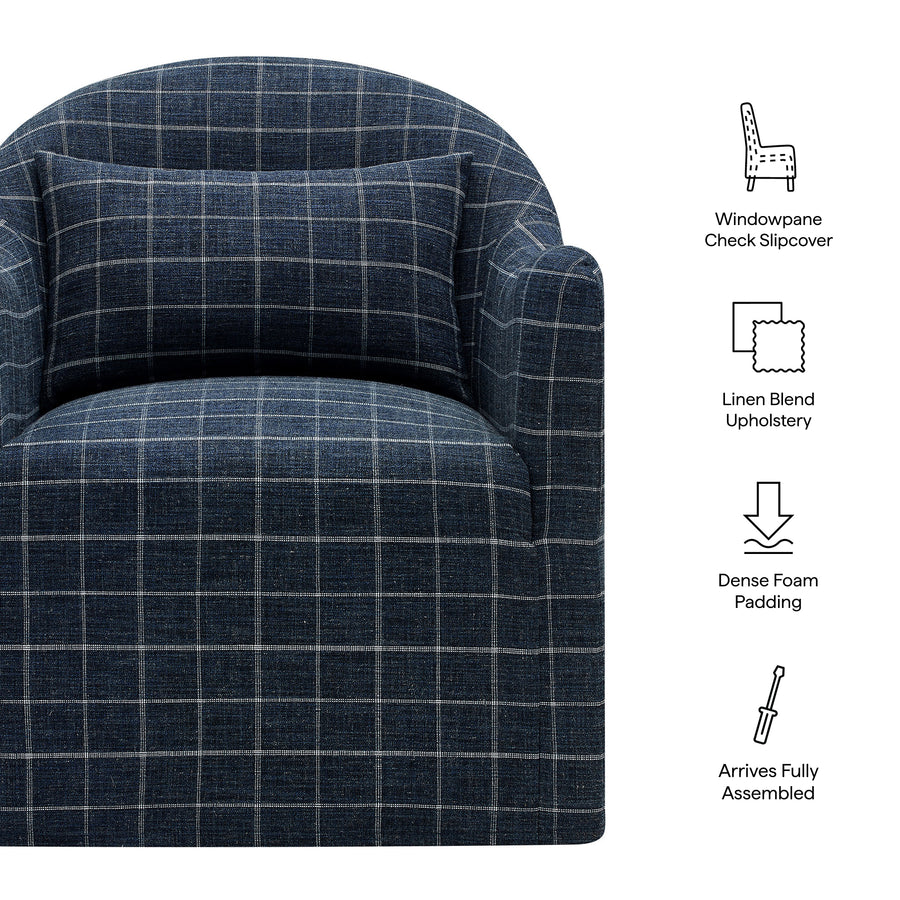 Wicker Slipcovered Linen Blend Accent Chair in Denim Windowpane Check