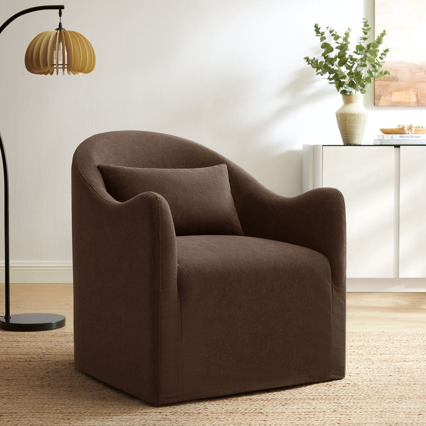 Wicker Slipcovered Linen Blend Accent Chair in Cocoa