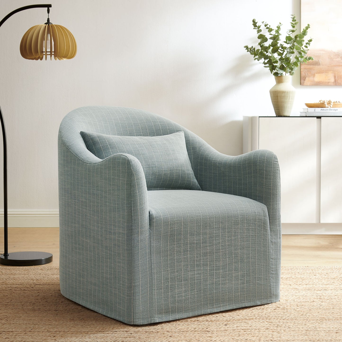 Wicker Slipcovered Striped Accent Chair in Spa Blue Stripe