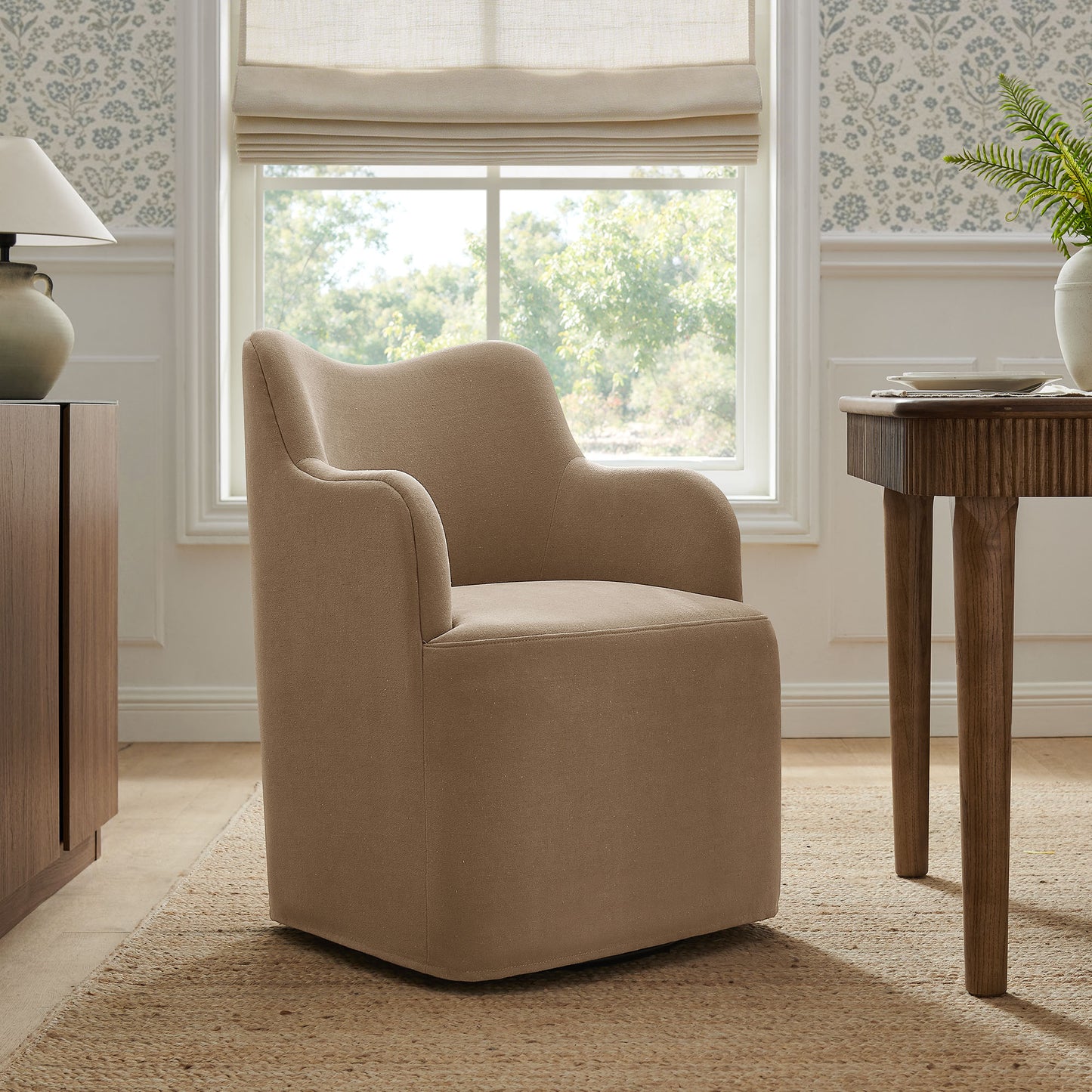 Silas Linen Blend Swivel Dining Chair in Almond