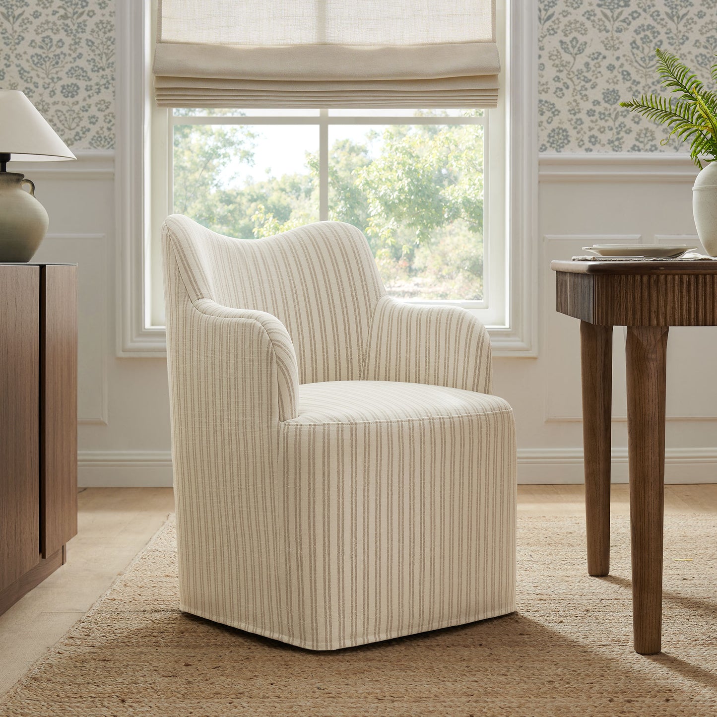 Silas Linen Blend Swivel Dining Chair in Oatmeal Stripe
