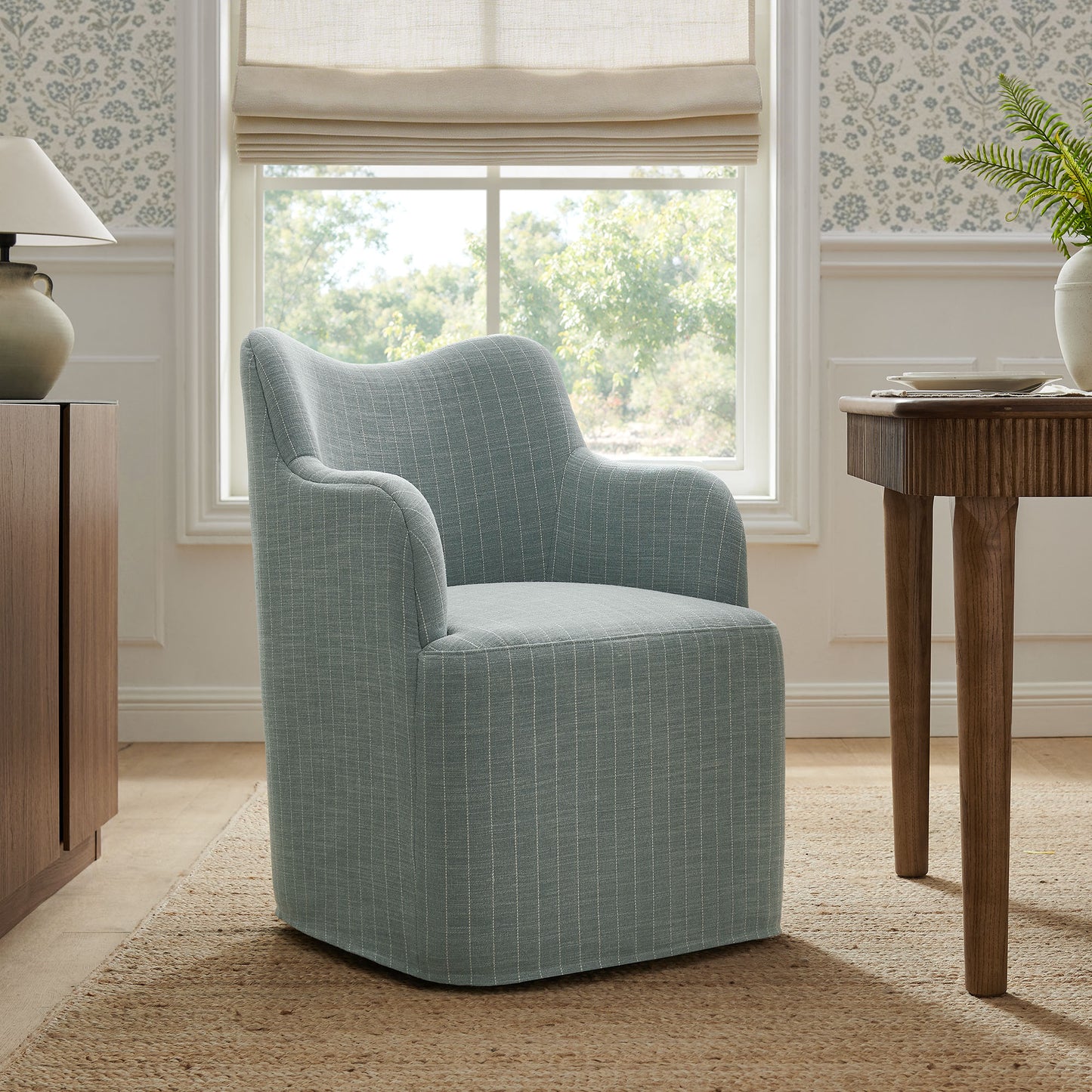 Silas Linen Blend Swivel Dining Chair in Spa Blue Stripe
