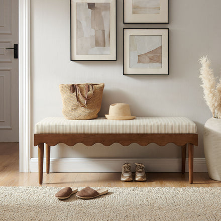 Mirette Scalloped Edge Striped Accent Bench in Oatmeal Stripe