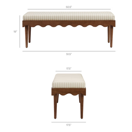 Mirette Scalloped Edge Striped Accent Bench in Oatmeal Stripe