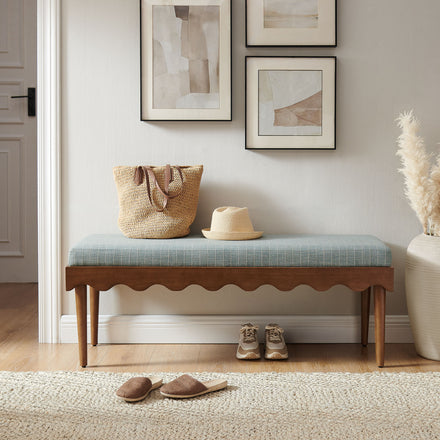 Mirette Scalloped Edge Striped Accent Bench in Spa Blue Stripe