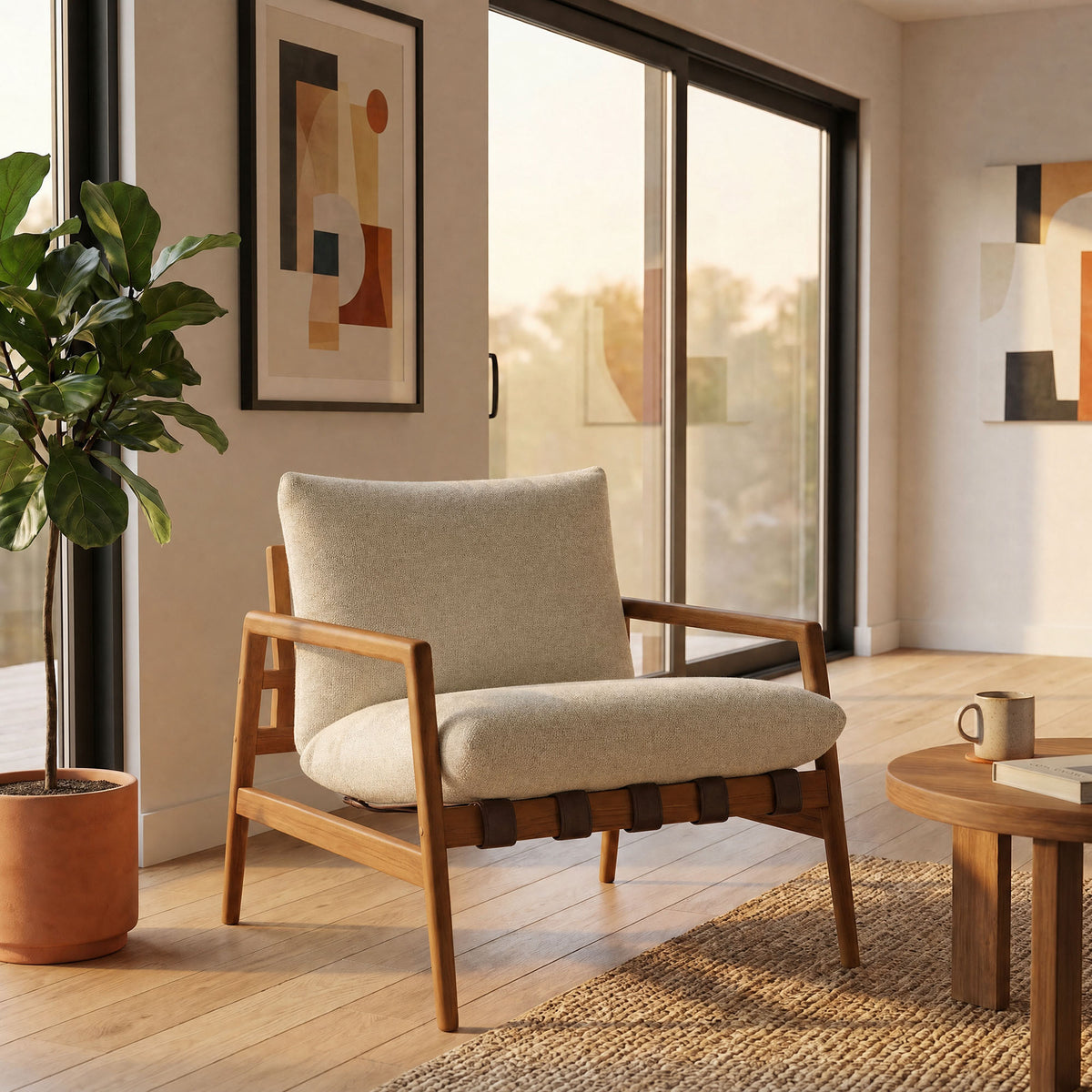 Stavanger Outdoor Patio Teak Wood Sling Chair in Natural Sand