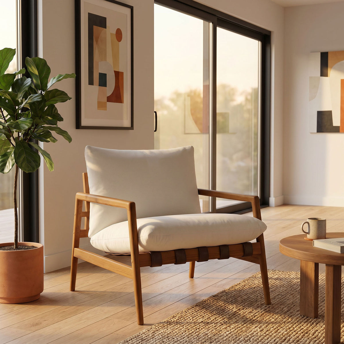 Stavanger Outdoor Patio Teak Wood Sling Chair in Natural White