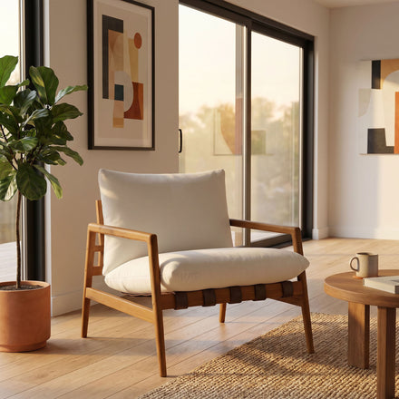 Nomi Outdoor Patio Teak Wood Sling Chair in Natural White