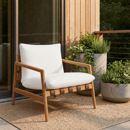 Nomi Outdoor Patio Teak Wood Sling Chair in Natural White
