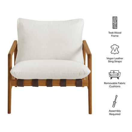 Nomi Outdoor Patio Teak Wood Sling Chair in Natural White