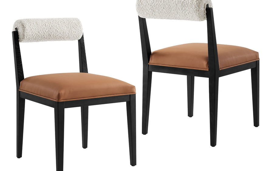 Blaise Boucle and Vegan Leather Dining Chair Set of 2 in Pearl Tan Black