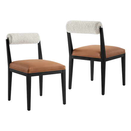 Kai Boucle and Vegan Leather Dining Chair Set of 2 in Pearl Tan Black