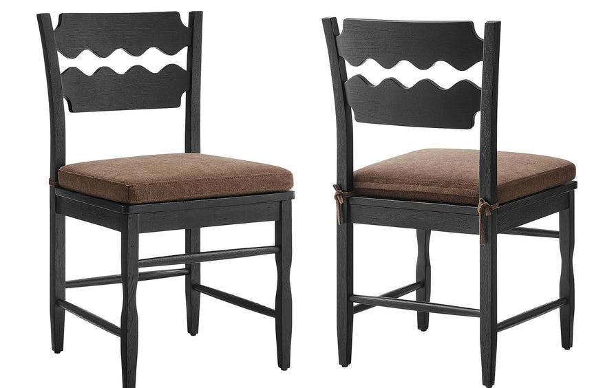Lennox Oak Wood Dining Chair With Wavy Razor Back and Cushion Set of 2 in Black Cocoa