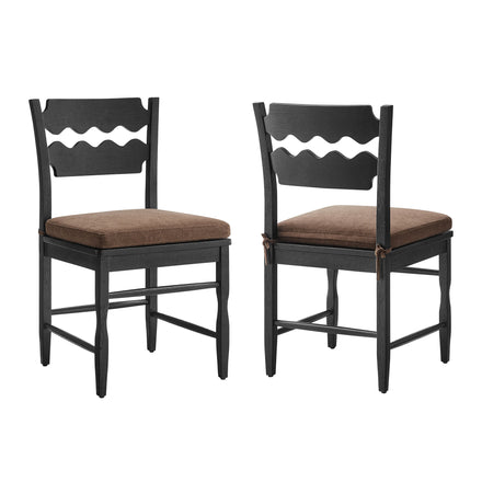 Jax Oak Wood Dining Chair With Wavy Razor Back and Cushion Set of 2 in Black Cocoa