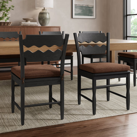 Jax Oak Wood Dining Chair With Wavy Razor Back and Cushion Set of 2 in Black Cocoa