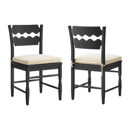 Jax Oak Wood Dining Chair With Wavy Razor Back and Cushion Set of 2 in Black Linen