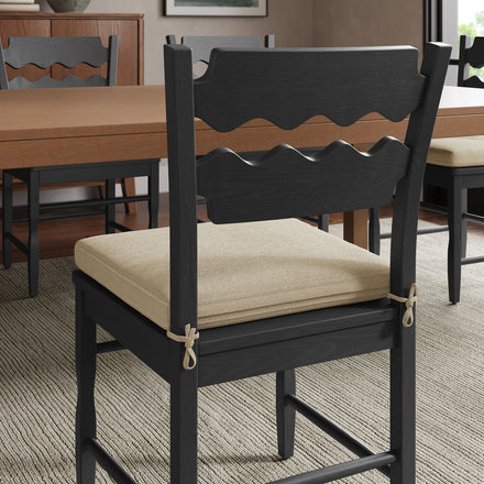 Jax Oak Wood Dining Chair With Wavy Razor Back and Cushion Set of 2 in Black Linen