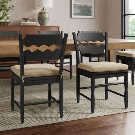 Jax Oak Wood Dining Chair With Wavy Razor Back and Cushion Set of 2 in Black Linen
