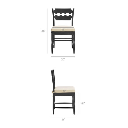 Jax Oak Wood Dining Chair With Wavy Razor Back and Cushion Set of 2 in Black Linen