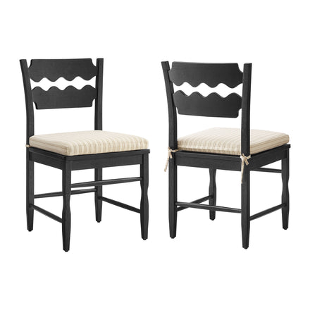 Jax Oak Wood Dining Chair With Wavy Razor Back and Cushion Set of 2 in Black Oatmeal Stripe