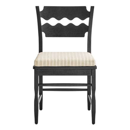 Jax Oak Wood Dining Chair With Wavy Razor Back and Cushion Set of 2 in Black Oatmeal Stripe
