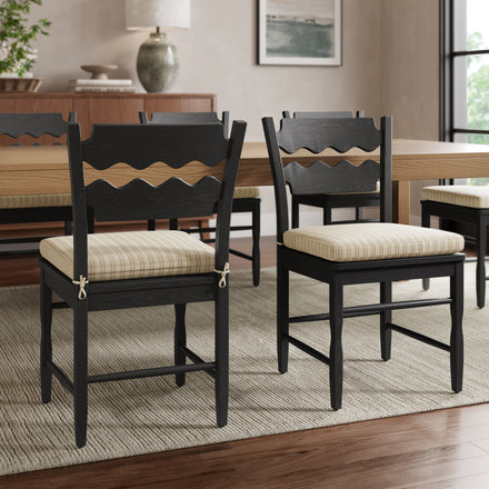 Jax Oak Wood Dining Chair With Wavy Razor Back and Cushion Set of 2 in Black Oatmeal Stripe