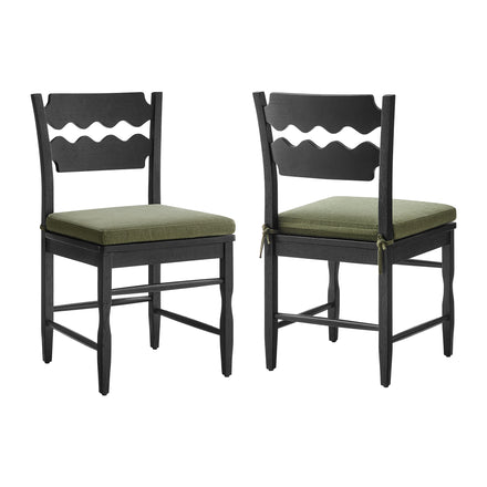 Jax Oak Wood Dining Chair With Wavy Razor Back and Cushion Set of 2 in Black Sage