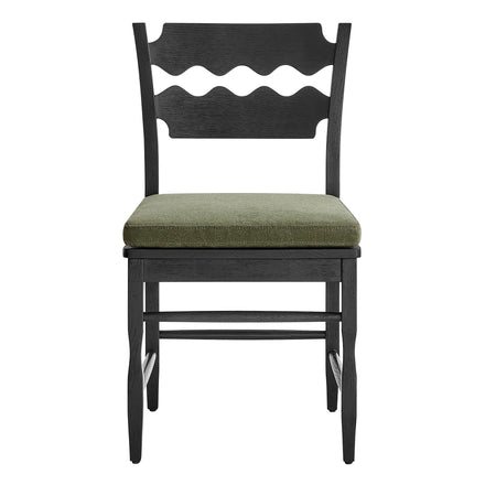 Jax Oak Wood Dining Chair With Wavy Razor Back and Cushion Set of 2 in Black Sage