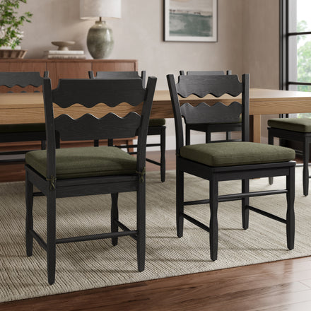 Jax Oak Wood Dining Chair With Wavy Razor Back and Cushion Set of 2 in Black Sage