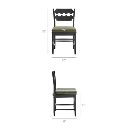 Jax Oak Wood Dining Chair With Wavy Razor Back and Cushion Set of 2 in Black Sage
