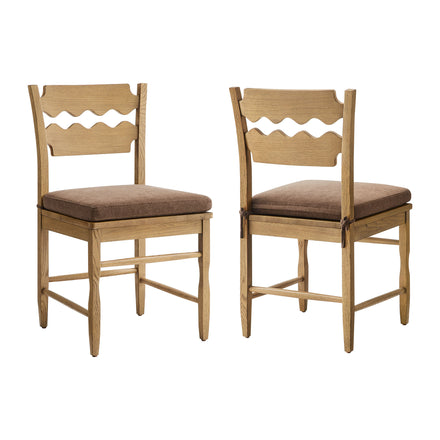 Jax Oak Wood Dining Chair With Wavy Razor Back and Cushion Set of 2 in Weathered Oak Cocoa