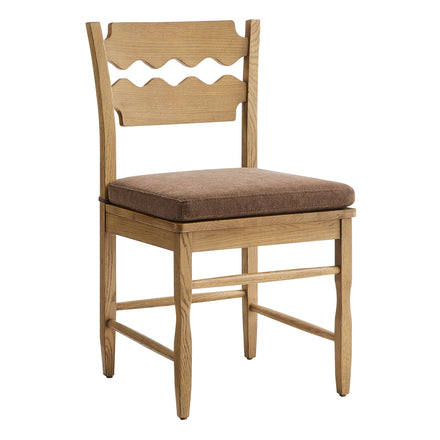 Jax Oak Wood Dining Chair With Wavy Razor Back and Cushion Set of 2 in Weathered Oak Cocoa