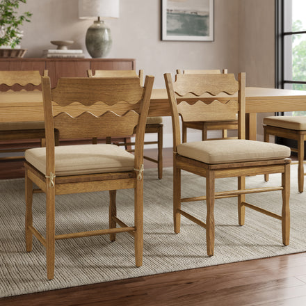 Jax Oak Wood Dining Chair With Wavy Razor Back and Cushion Set of 2 in Weathered Oak Linen