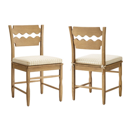 Jax Oak Wood Dining Chair With Wavy Razor Back and Cushion Set of 2 in Weathered Oak Oatmeal Stripe