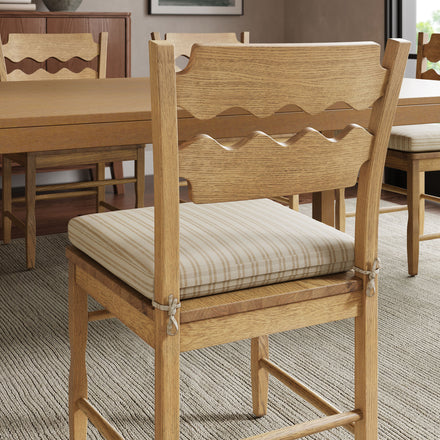 Jax Oak Wood Dining Chair With Wavy Razor Back and Cushion Set of 2 in Weathered Oak Oatmeal Stripe
