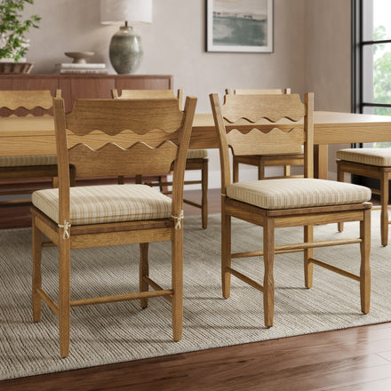 Jax Oak Wood Dining Chair With Wavy Razor Back and Cushion Set of 2 in Weathered Oak Oatmeal Stripe